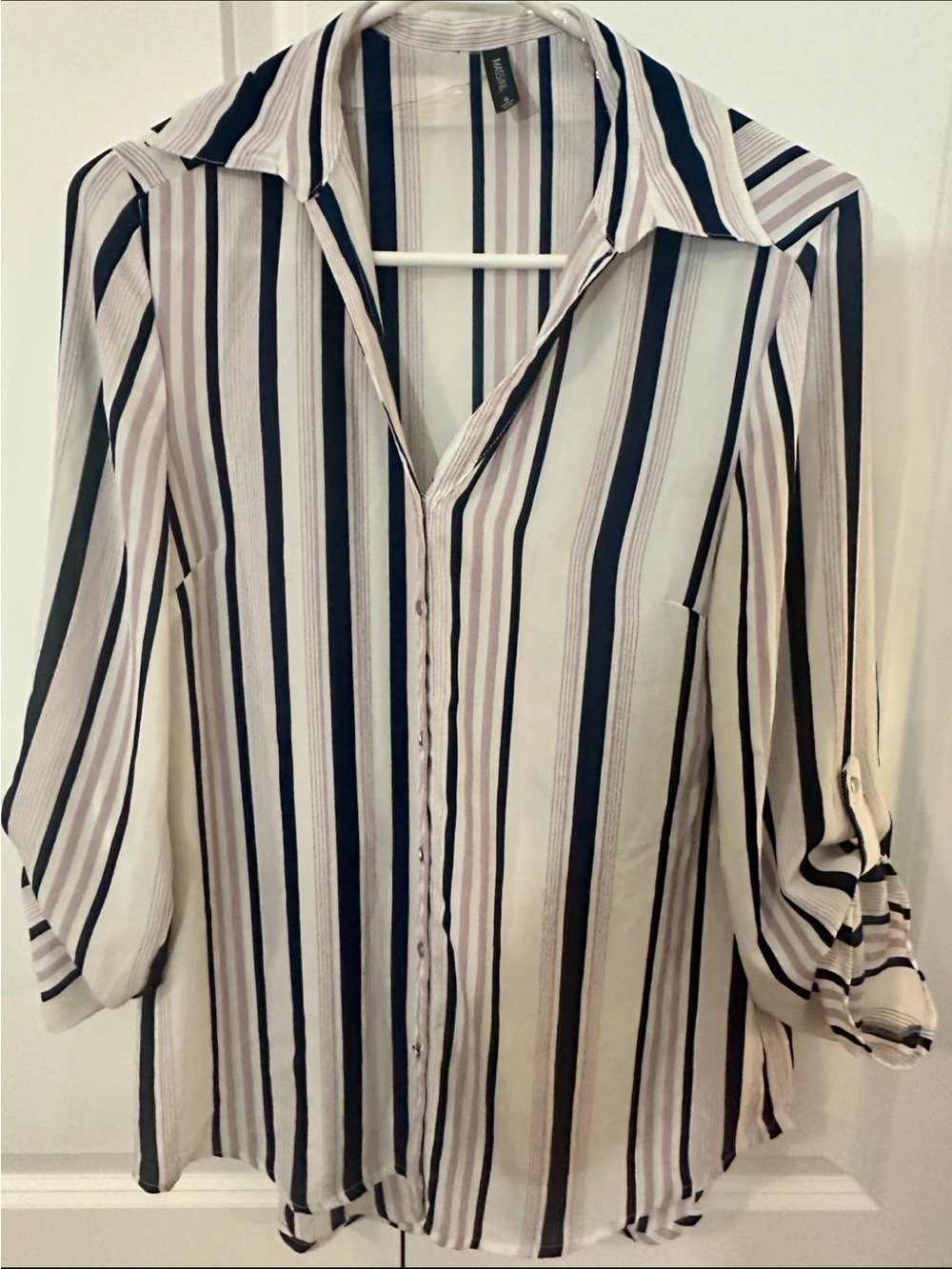 Massini Blush & Navy Striped Button Front Blouse | Roll Tab Sleeve | Small
